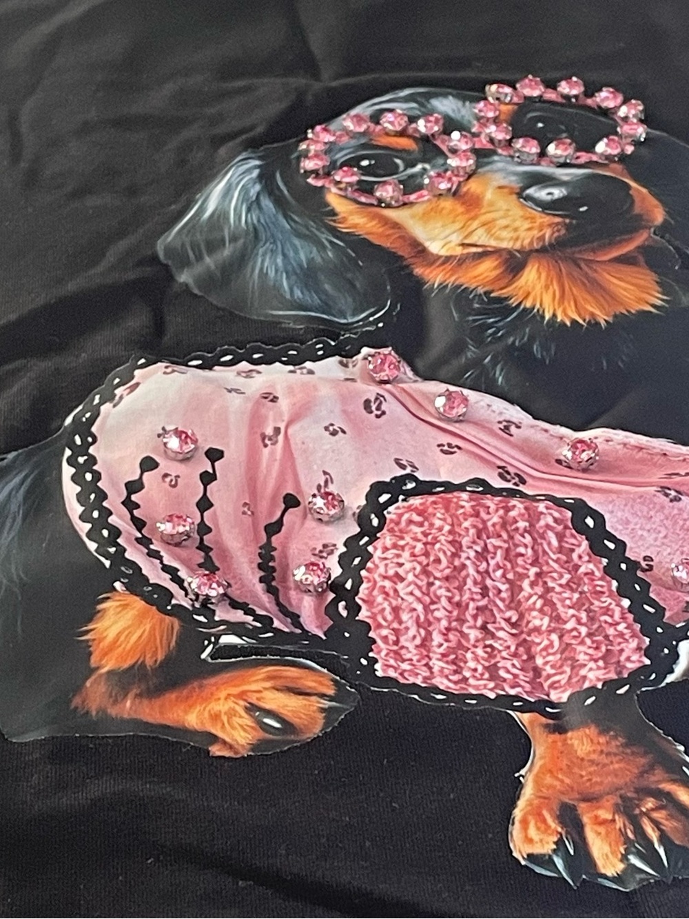 Abrand Black Tee with Pink Embellished Dachshund Graphic